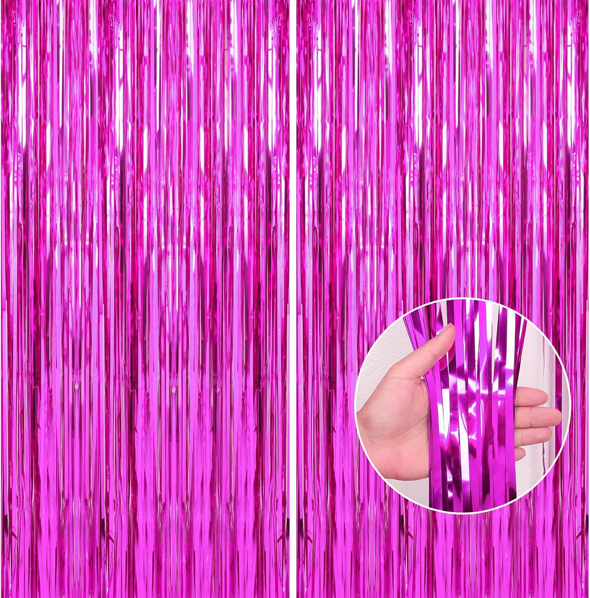 Crosize 2 Pack 3.3 x 9.9 ft Hot Pink Foil Fringe Backdrop Curtain, Streamer Backdrop Curtains
