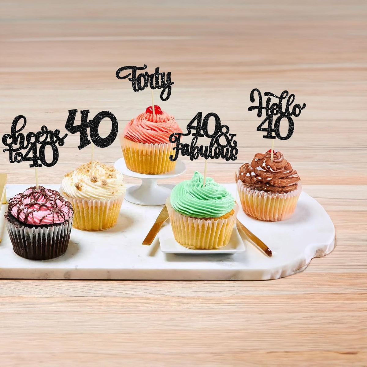 30pcs Happy 40th Birthday Cupcake Toppers - Black Glitter Forty Cheers to 40 Years Old Cupcake
