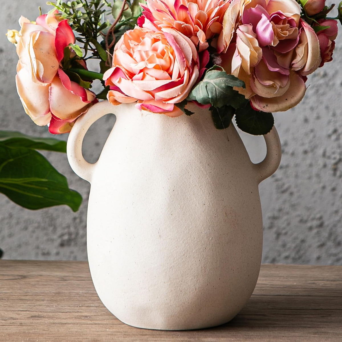 Kimdio White Ceramic Vase with 2 Handles – Sand-Glazed Clay Pottery Vase for Dried Flowers, Rustic
