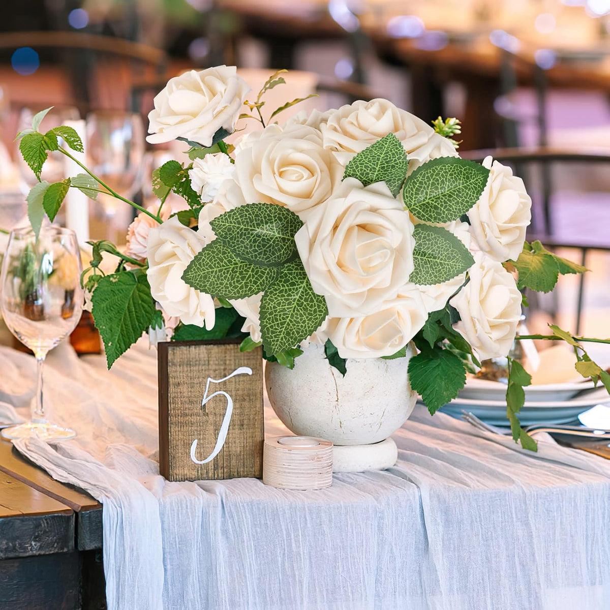 AmyHomie Artificial Flowers Champagne Rose 50pcs Real Looking Fake Roses w/Stem for DIY Wedding