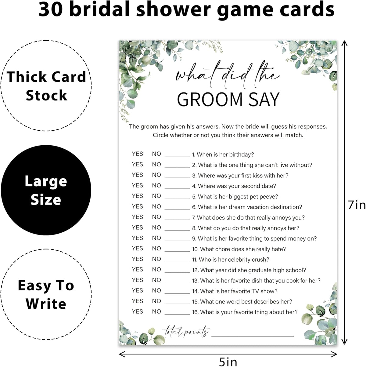 Eucalyptus Bridal Shower Game Cards - What Did the Groom Say, Wedding Engagement Bachelorette Party