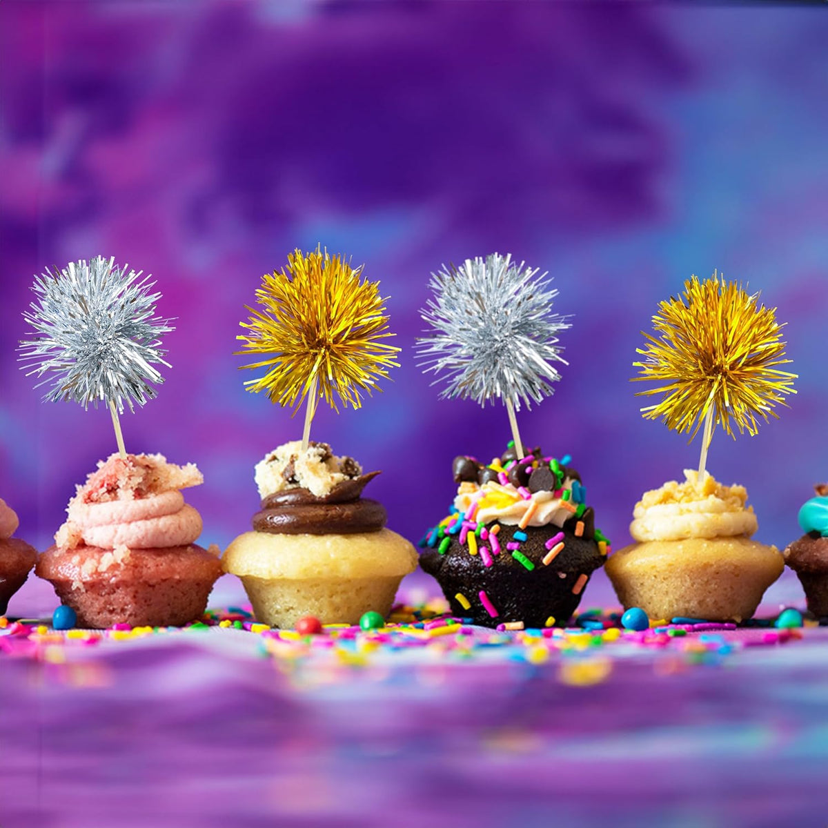 Gyufise 30Pcs Foil Firework Cupcake Toppers Sparkle Tinsel Cake Toppers Tinsel Drink Cake