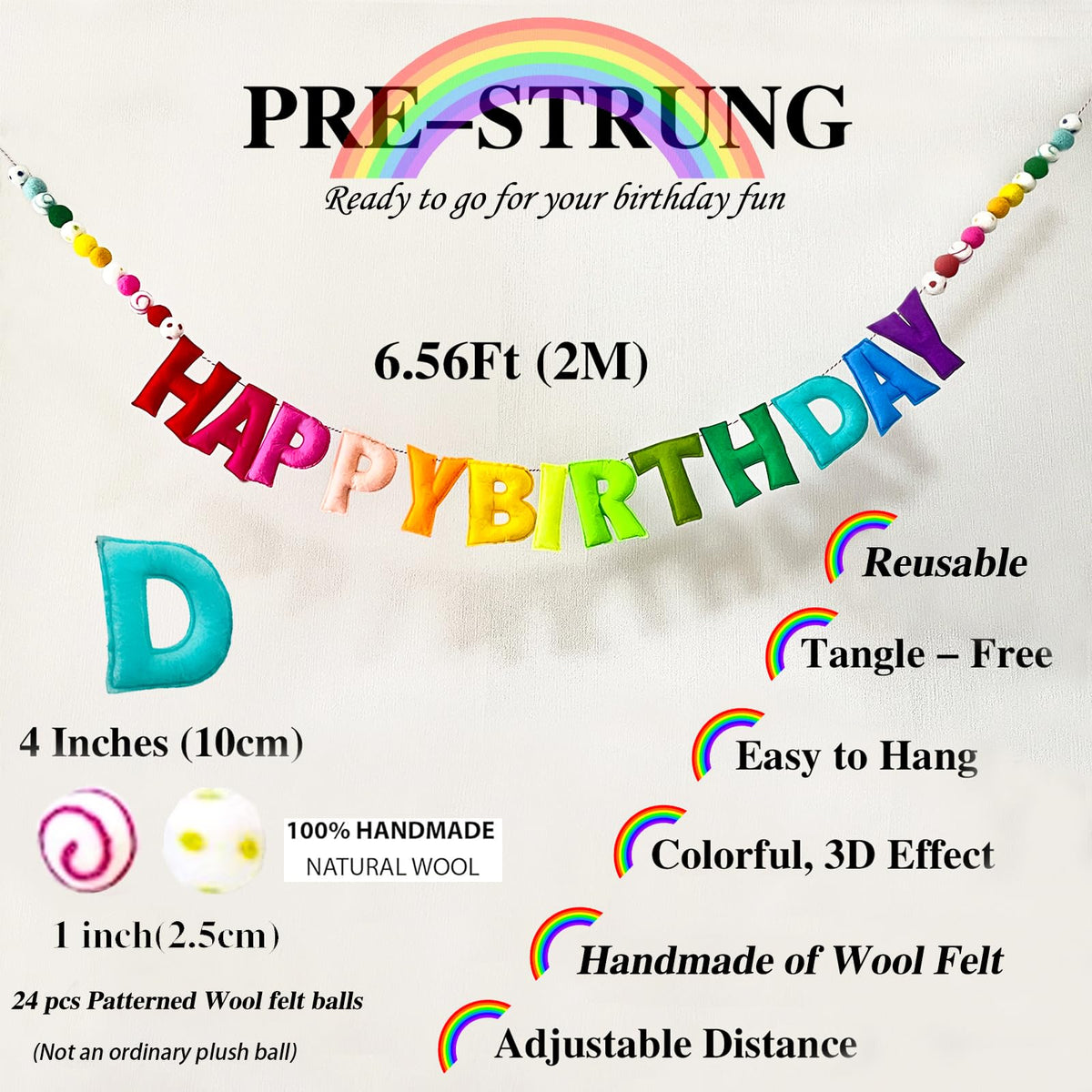 Pre-Strung Happy Birthday Banner,Reusable HAPPY BIRTHDAY Felt Ball Garland