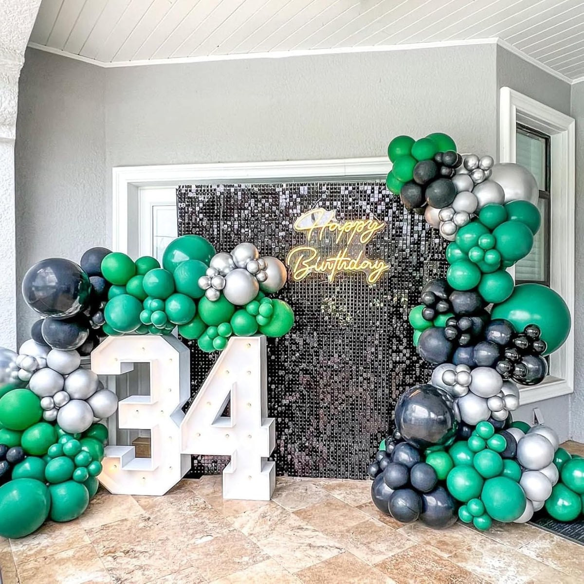 Green Balloons, 12 Inch Dark Emerald Lime Green Metallic Silver Latex Balloons for Boys Men