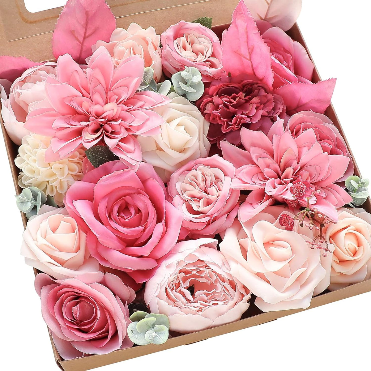 Floroom Hot Pink Blush Artificial Flowers Fake Roses Peonies Dahlias and Greenery Combo Box Set for