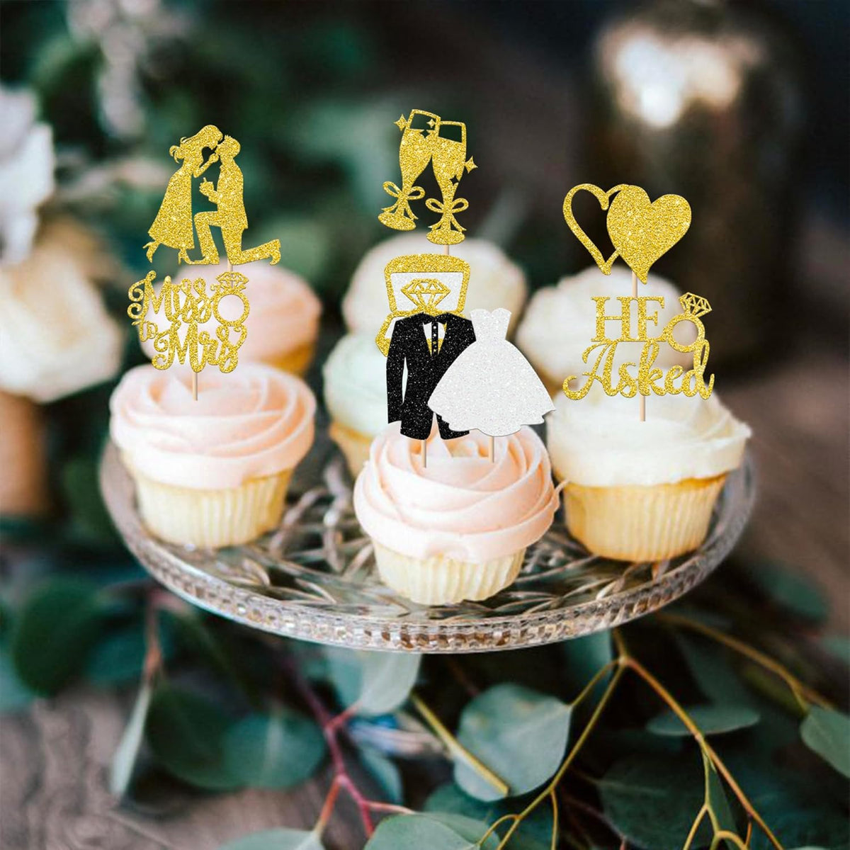 30 Pack Bride to be Cupcake Toppers Glitter Diamond Ring I Do Love Cupcake Picks Miss to Mrs He