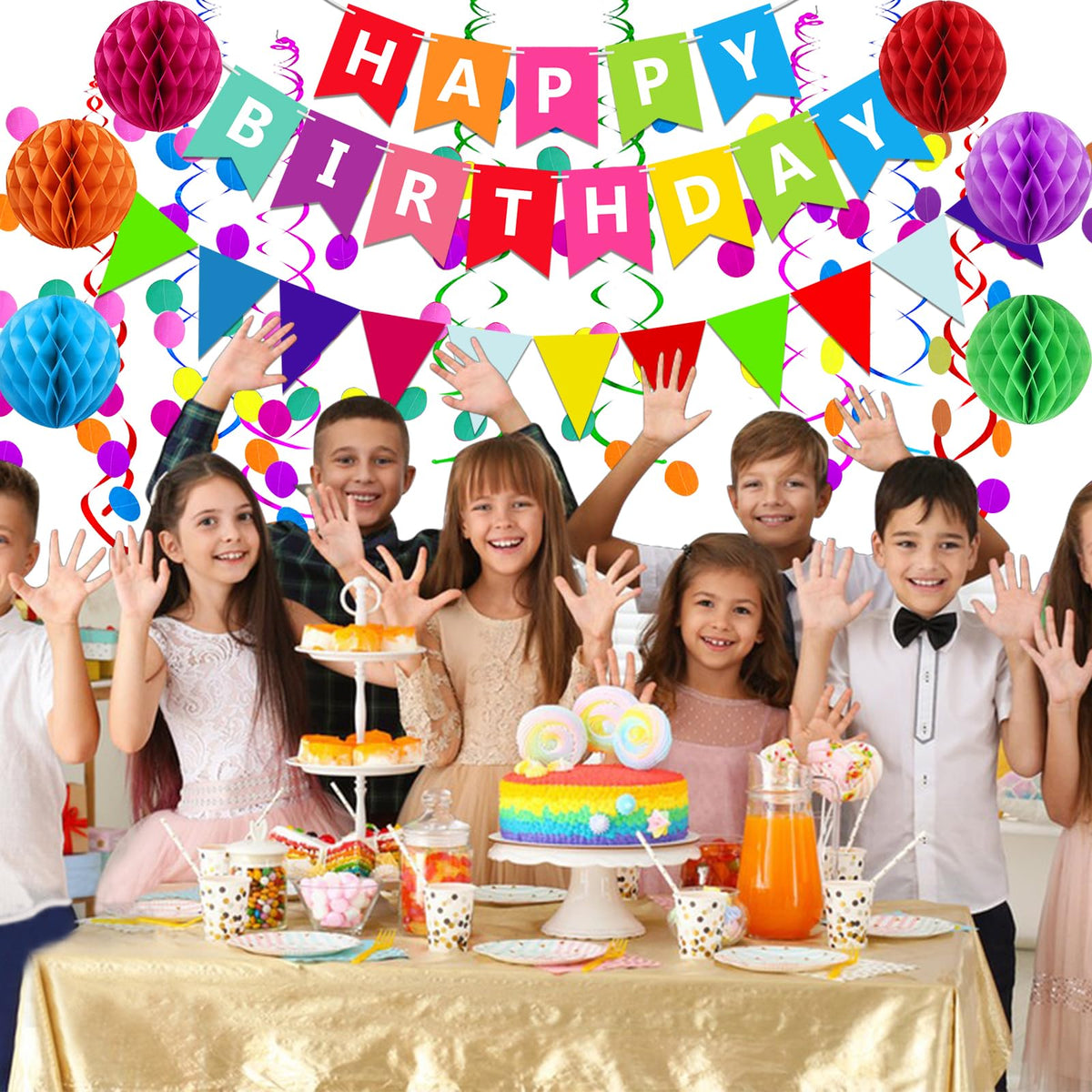 Fecedy Happy Birthday Banner With Colorful Paper Flag Bunting Paper Circle Confetti Garland Swirl