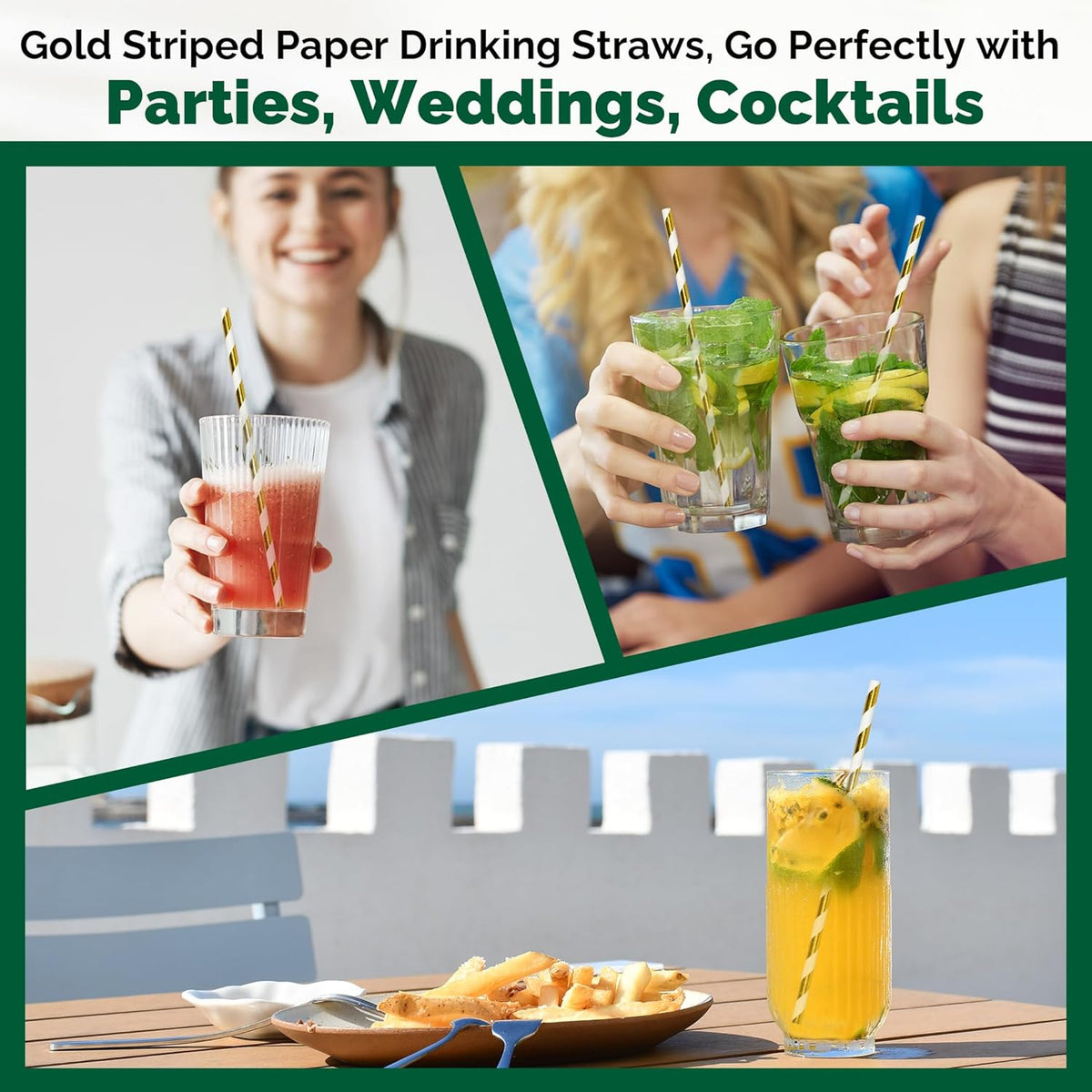 7.75 inch Gold/White Striped Paper Drinking Straws 1000 Counts for Cocktail, Party, Wedding