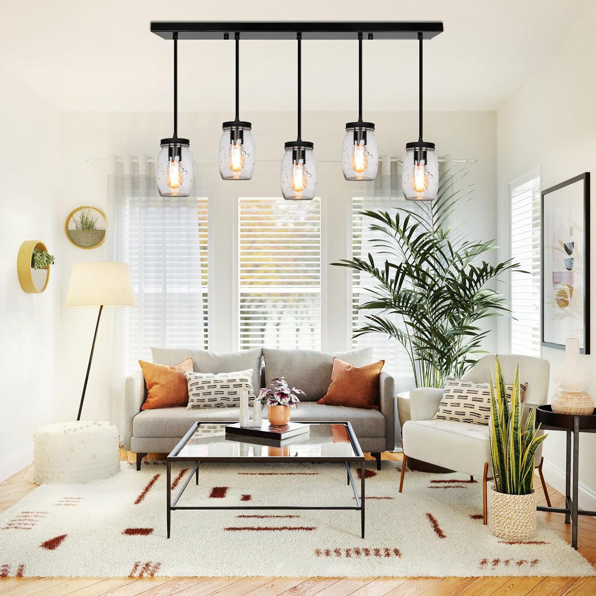 Glass Mason Jar Light Fixtures, 5-Light Adjustable Height Pendant Ceiling Lights Flush Mount