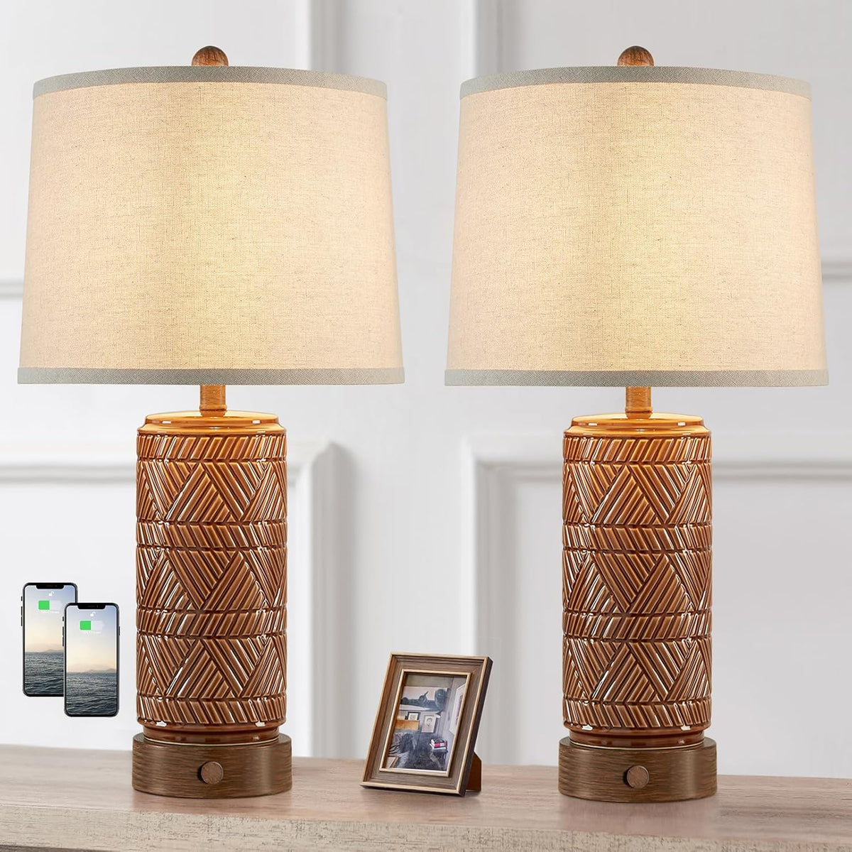 RORIA Set of 2 Vintage Touch Table Lamps for Living Room, 3 Way Dimmable Nightstand Lamp with 2 USB