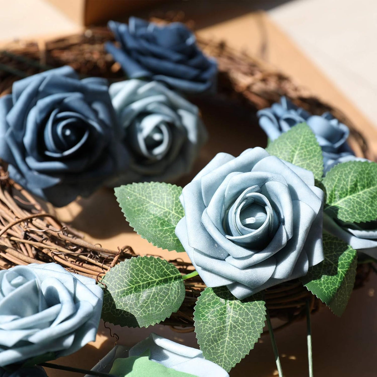AmyHomie Artificial Flower Dusty Blue Shades Rose 25pcs Real Looking Fake Roses w/Stem for DIY