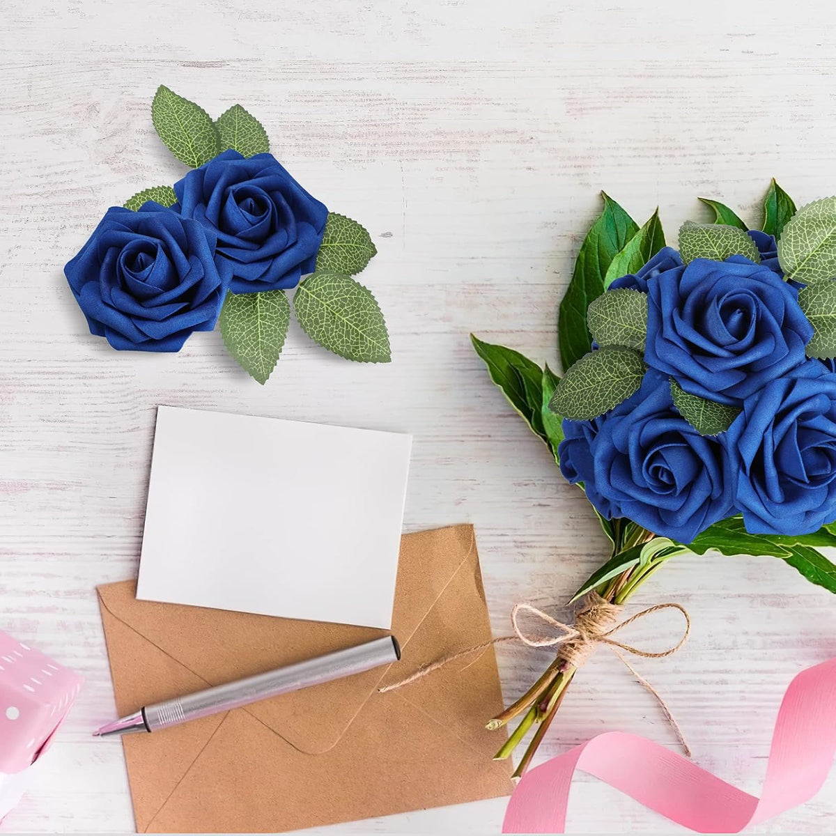 AmyHomie Artificial Flower Royal Blue Rose 25pcs Real Looking Fake Roses w/Stem for DIY Wedding