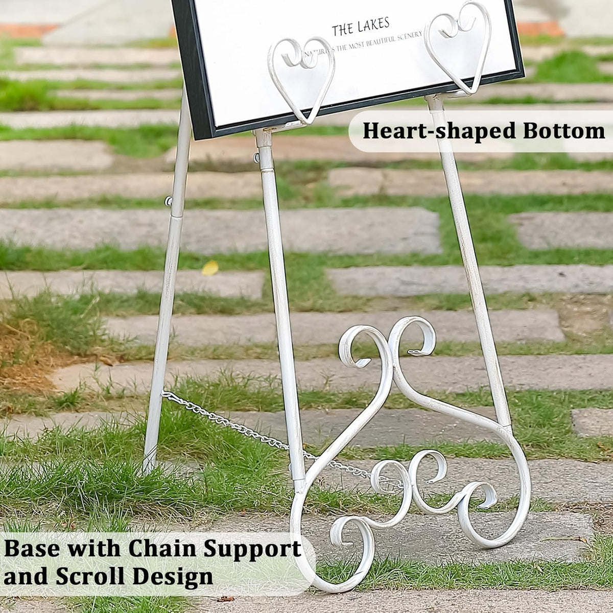 Extra Large Free Standing Adjustable Display Stand Easel with Chain Support, Retro White Decorative