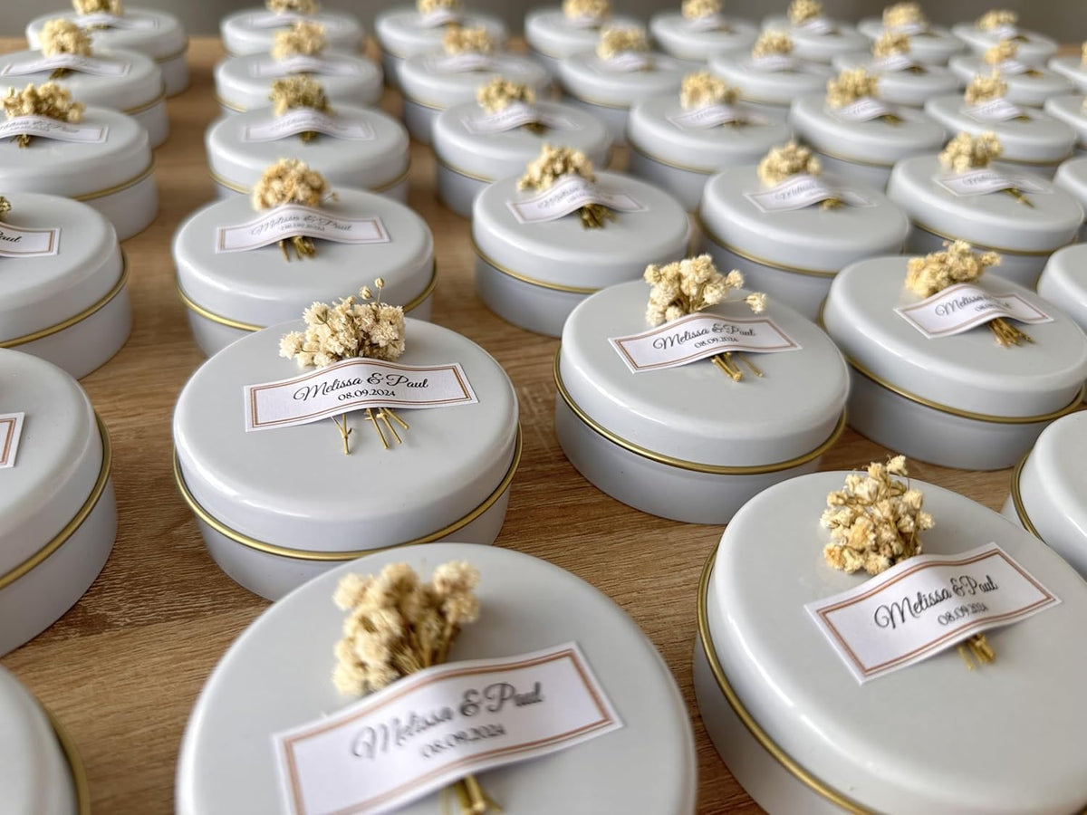 Scented Soy Wax Candle Favors with Dried Flowers - Personalized for Weddings, Bridal Showers, Baby