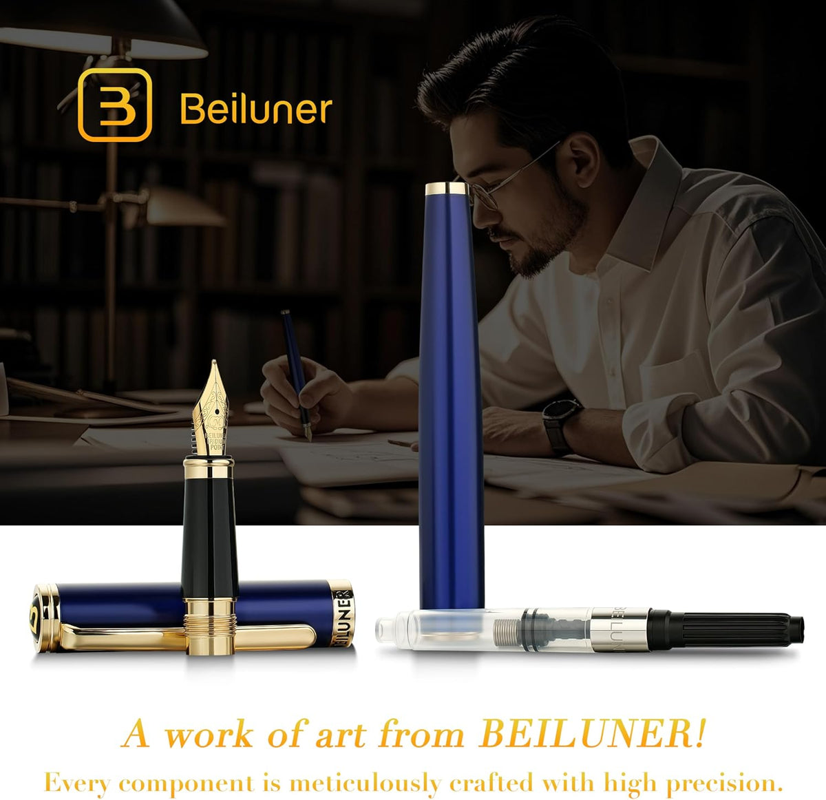 BEILUNER Blue Fountain Pen,Stunning Luxury Pens with 24K Gold Finish, Gorgeous 24K Gilded