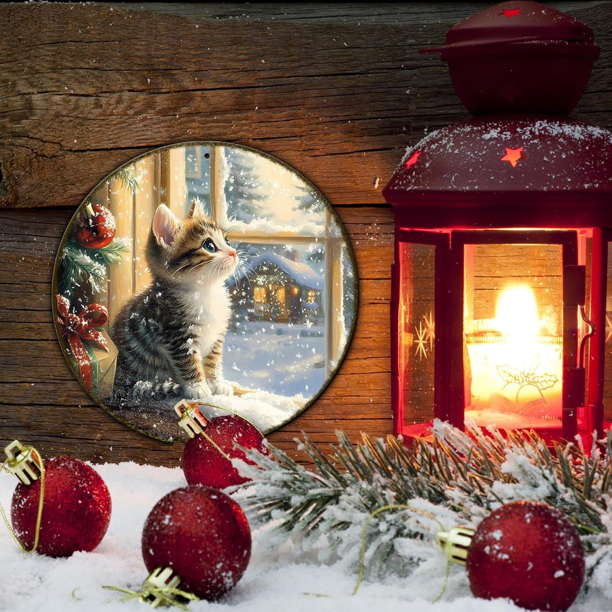 Round Christmas Sign Cats Vintage Metal Sign Christmas Kitten Retro Tin Sign Wall Decor for Home