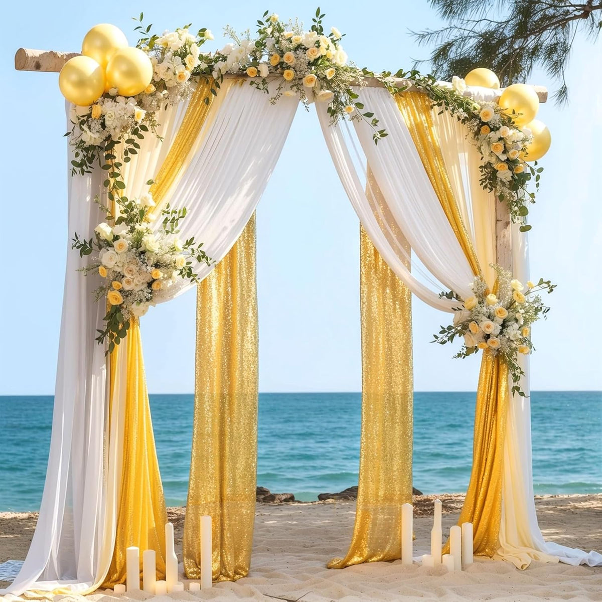 Wedding Arch Draping Fabric, 1 Panel 28" x19ft White Arch Drapes & 1 Panel 16" x19ft Gold Sequin