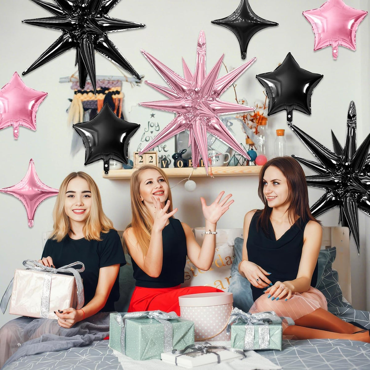 Pink Black Star Balloon,16Pcs Star Foil Balloons Set with 22Inch Explosion Spike Cone Balloons and