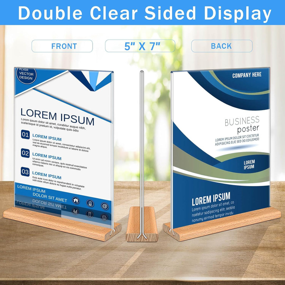 Kersally Acrylic Sign Holder 5 x 7, 3 Pack Double-Sided Clear Table Display Stands with Wood