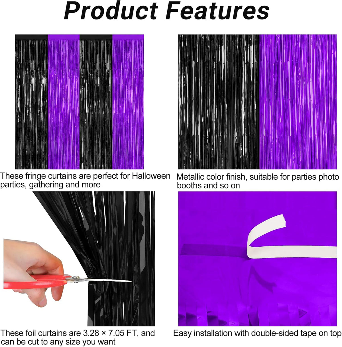 2 Pack Halloween Decor, 3.28 FT x 7.05 FT Purple and Black Foil Streamer, Metallic Fringe Curtains
