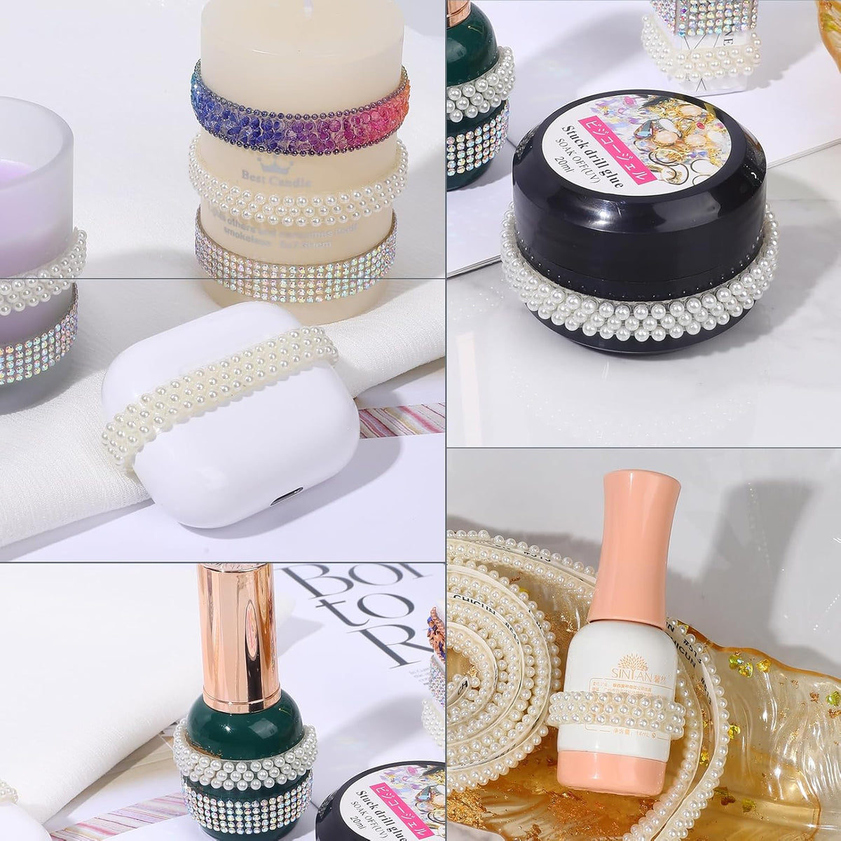 Off-White Pearls Ribbon 3 Yards Self Adhesive Pearls Strips Diamond Ribbon Sticker Crystal Roll