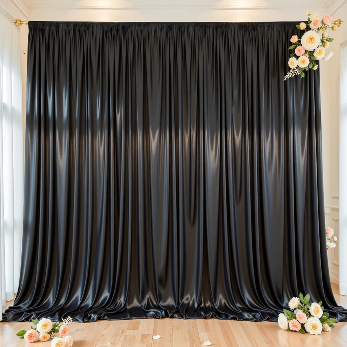 Black Glitter Backdrop Curtain for Parties Wedding,10Ft x 10Ft Satin Shimmer Photo