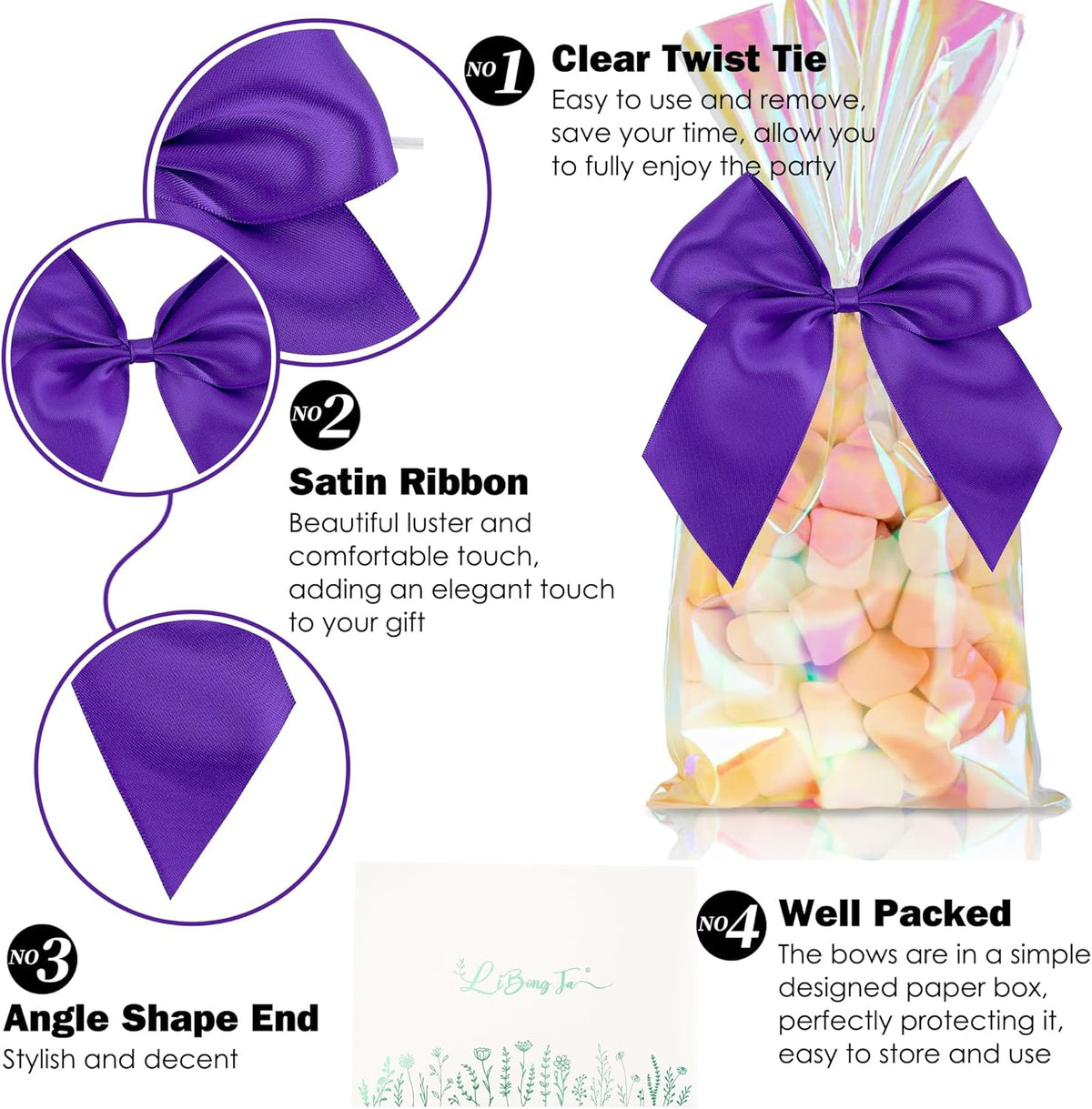 5'' Purple Bow Party Decorations Satin Bows, Twist Tie Bows for Treat Bags, Cake Pops, Pre-Tied Bow