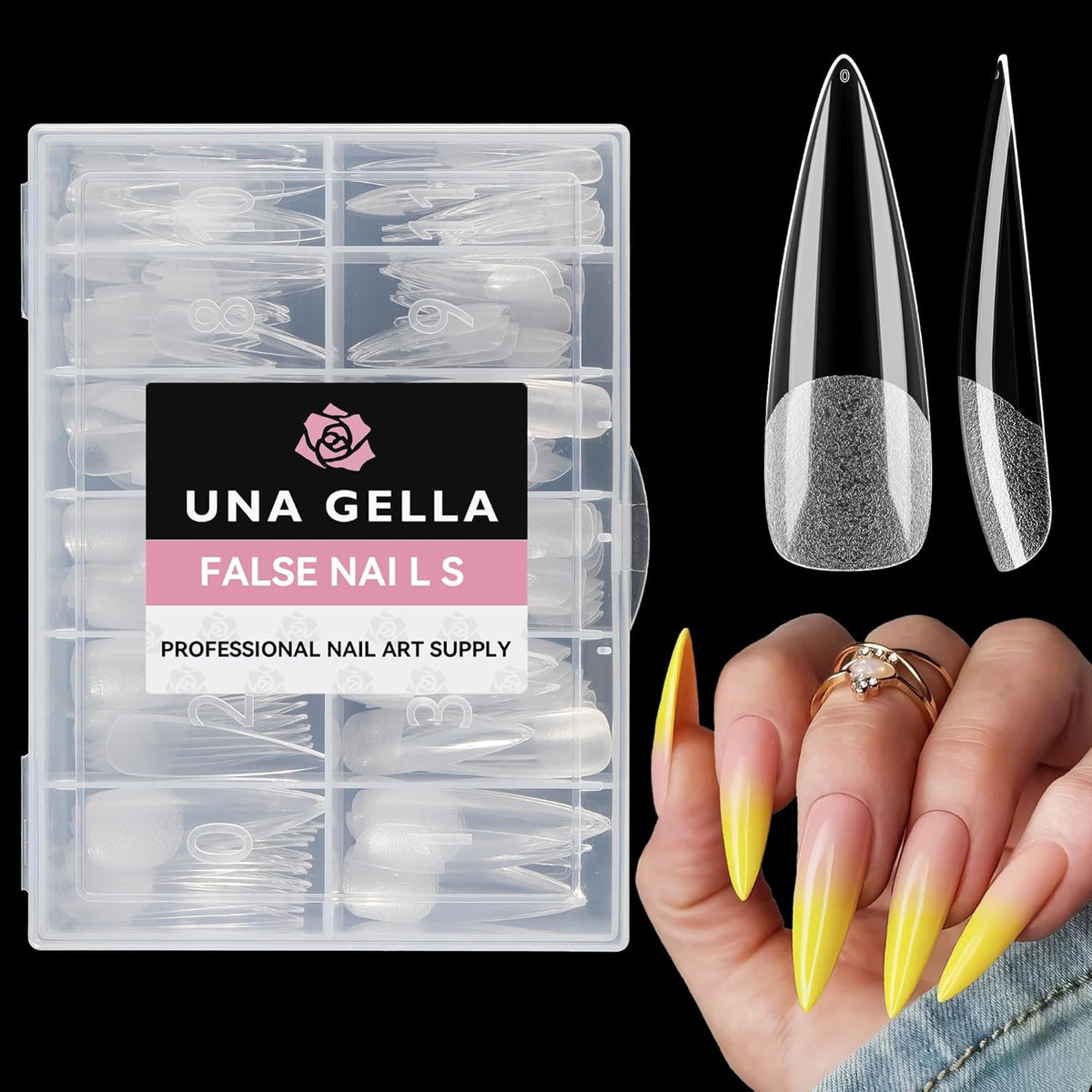 UNA GELLA Clear Stiletto Fake Nails - 216pcs Extra Long Full Cover Gel Nail Tips - 12 Sizes for
