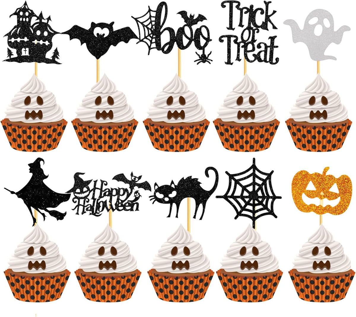 60Pcs Halloween Cupcake Toppers, Bat Pumpkin Ghost Cupcake Decorations for Halloween Party