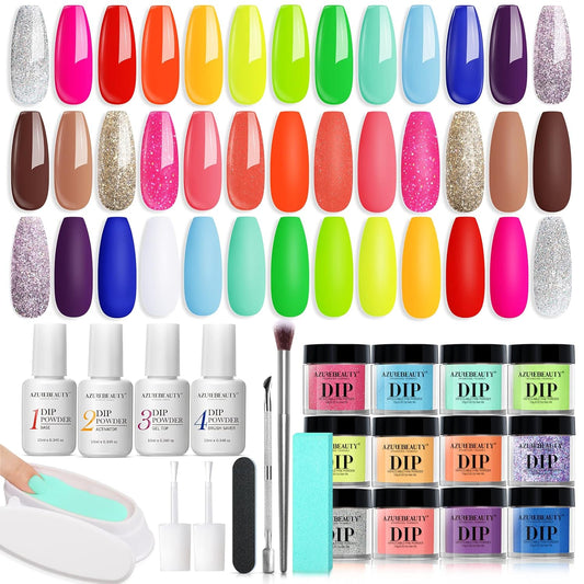 AZUREBEAUTY 31 Pcs Dip Powder Nail Kit Starter, 20 Colors Neon Glitter Purple Blue Yellow Dipping