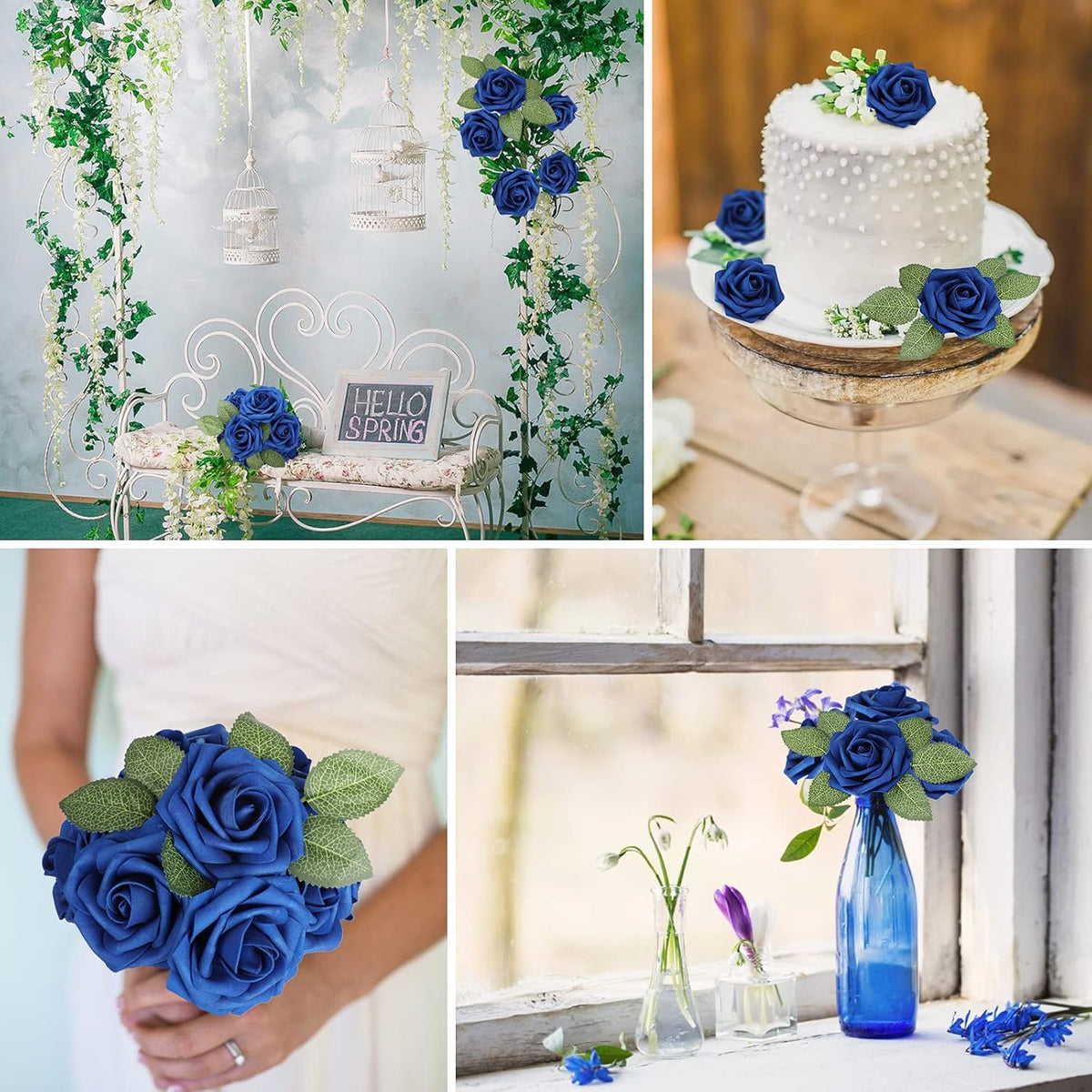 AmyHomie Artificial Flower Royal Blue Rose 25pcs Real Looking Fake Roses w/Stem for DIY Wedding