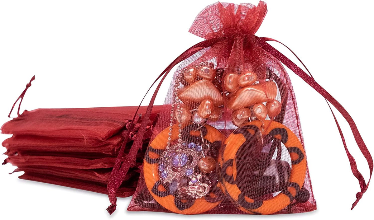 TheDisplayGuys 48-Pack 3x4 Maroon Sheer Organza Gift Bags with Drawstring, Jewelry Candy Treat