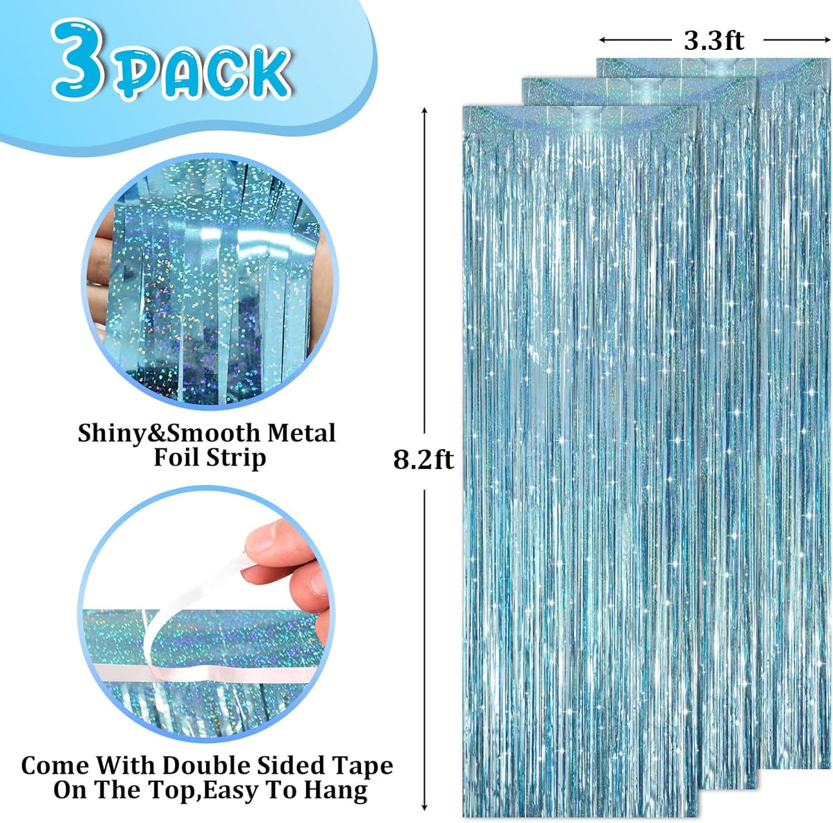 3 Pack 3.3 x 8.2 ft Laser Blue Foil Fringe Backdrop Curtains, Tinsel Streamers Party Decorations