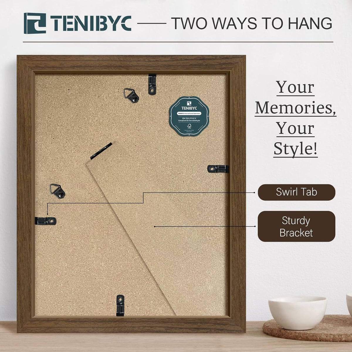 8x10 Picture Frame Set - 3 Pack, Brown Woodgrain, Wood Photo Frame, HD Tempered Glass, Gallery