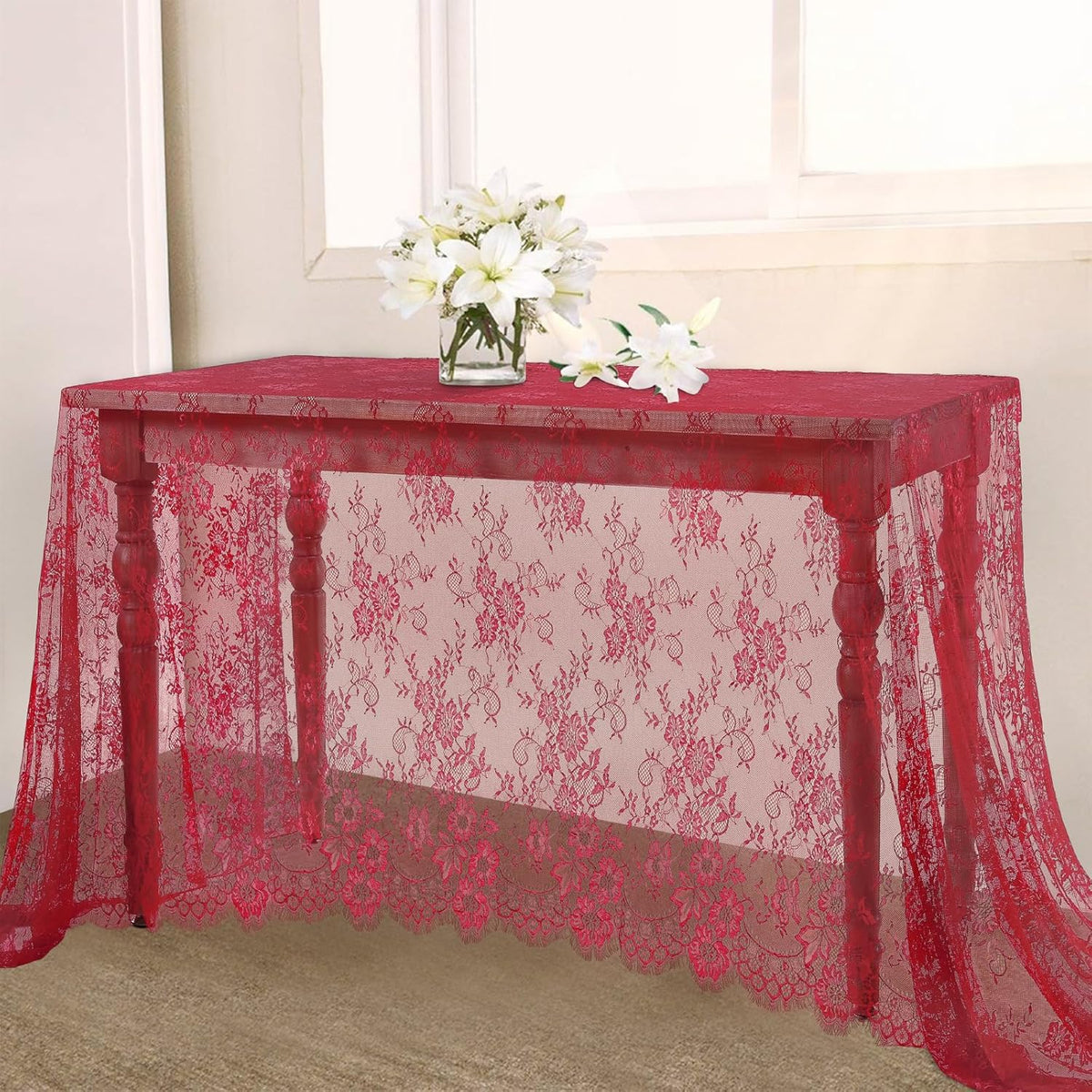 LuoluoHouse Red Tablecloth Christmas Lace Table Fabric 2pcs 60x120 Inch for Birthday Rustic Wedding