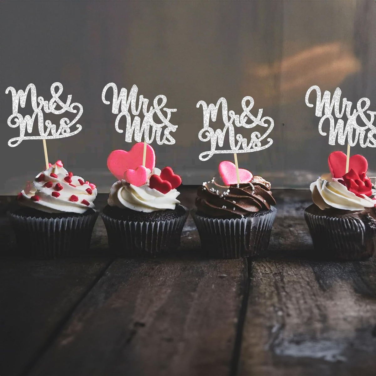 Gyufise 36Pcs Silver Glitter Mr & Mrs Cupcake Toppers Love Cake Decoration Picks for Wedding &