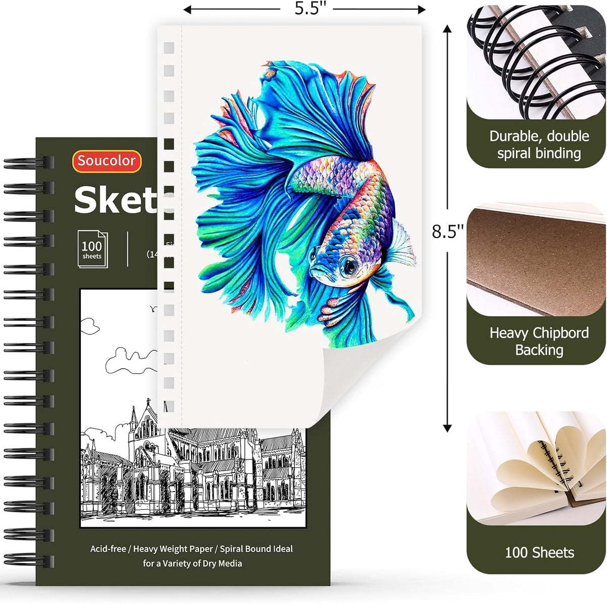 Soucolor 5.5" x 8.5" Sketchbook Pack of 2, 200 Sheets Blank Journal Notebook, A5, Spiral Bound