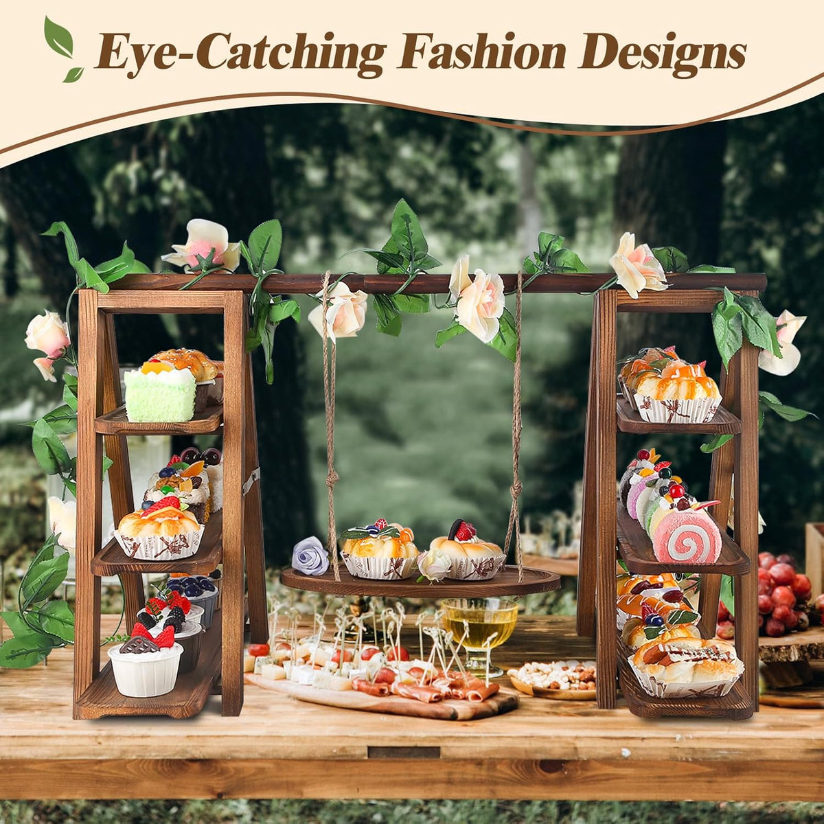Wooden 3 Tier Cupcake Stand with Swing and Flower Decoration Serving Removable Tray Display Serving