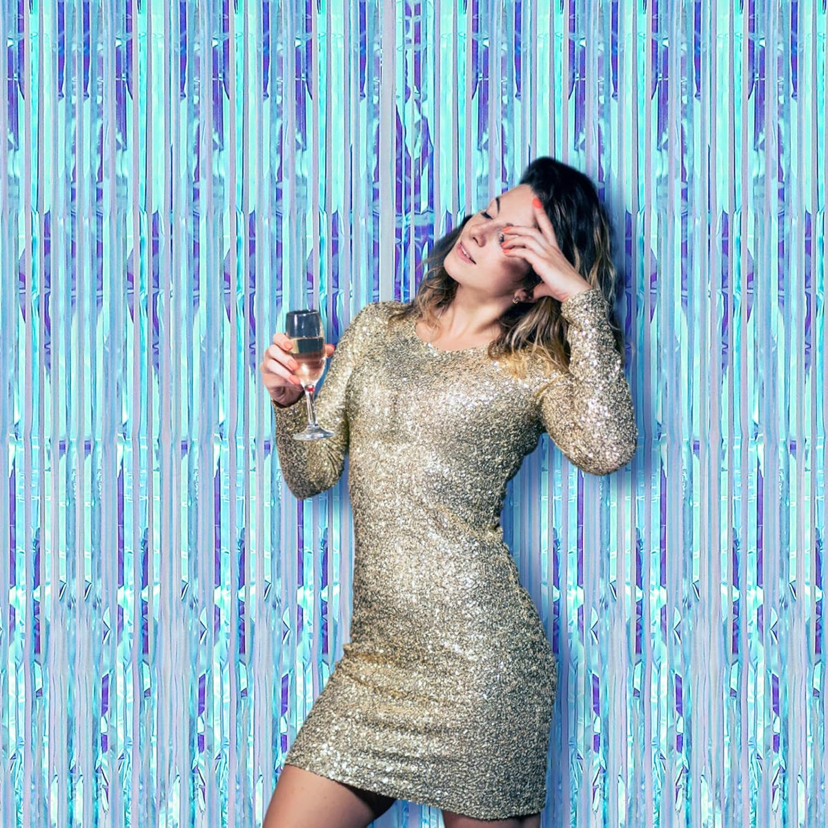 2 Pack 3.3x8.2 Feet Neon Iridescent Foil Fringe Backdrop Curtains, Tinsel Streamers Birthday Party
