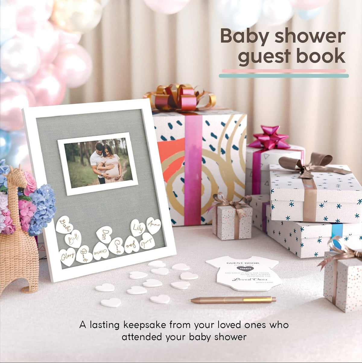 GLM Premium Baby Shower Guest Book with Welcome Sign & 50 Hearts - Perfect Keepsake Memory Book for