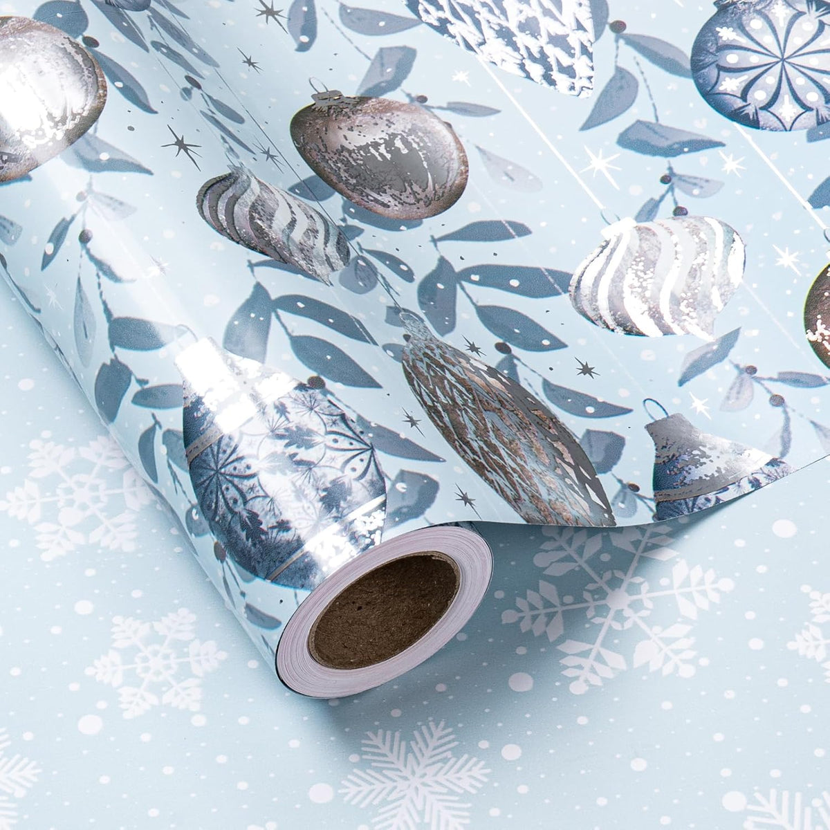 LeZakaa Christmas Silver Wrapping Paper Mini Roll, Silver Blue Christmas Ornaments, White Blue