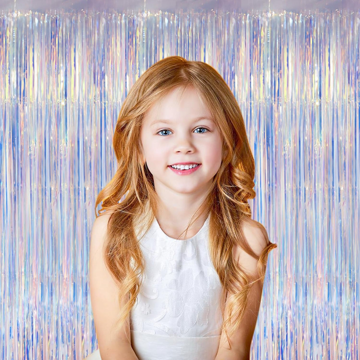 2 Pack Iridescent Foil Fringe Curtains, Holographic Tinsel Streamers Birthday Party Decorations