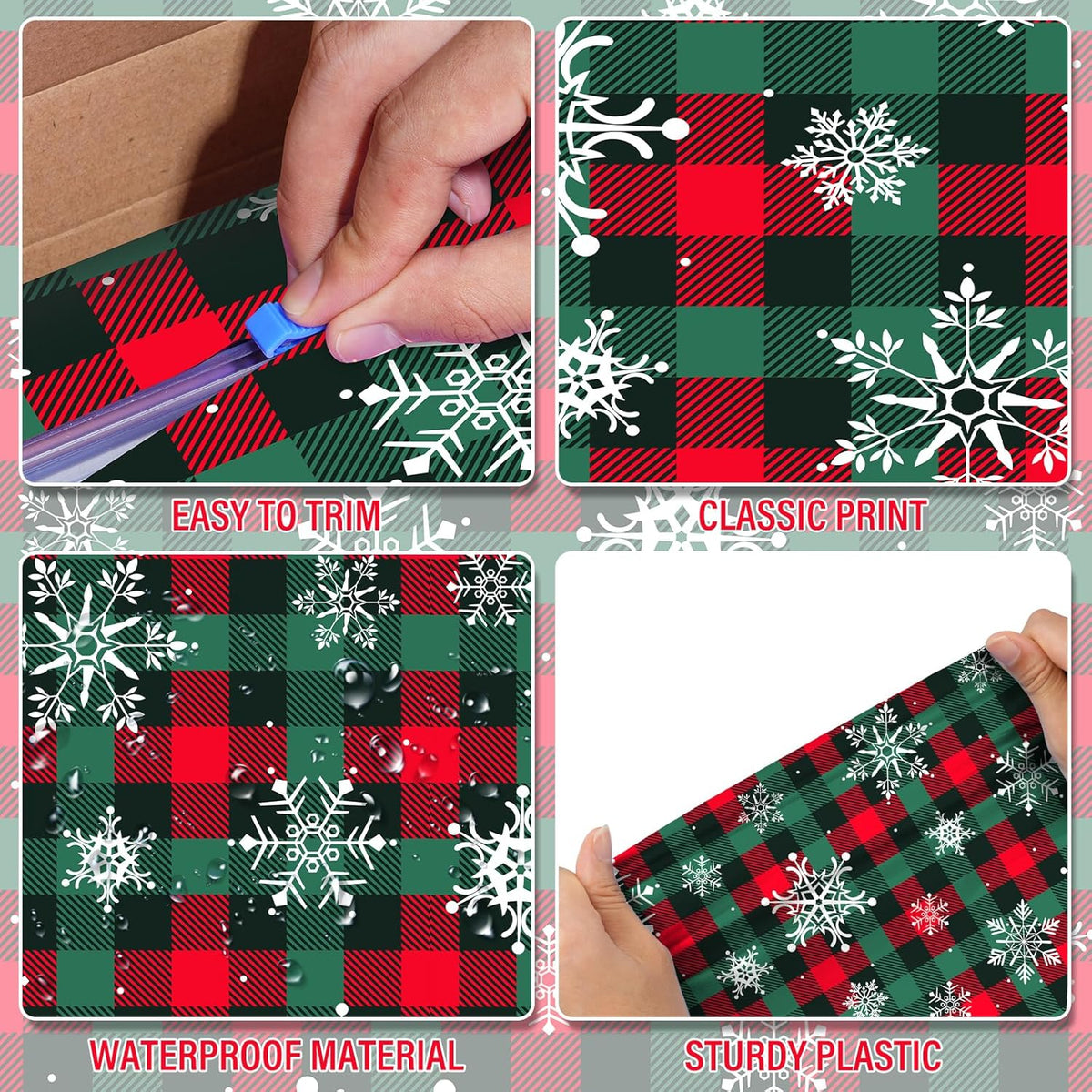 4.5x 100 Ft Roll of Christmas Buffalo Plaid Plastic Tablecloth Decorations,Disposable Red Green