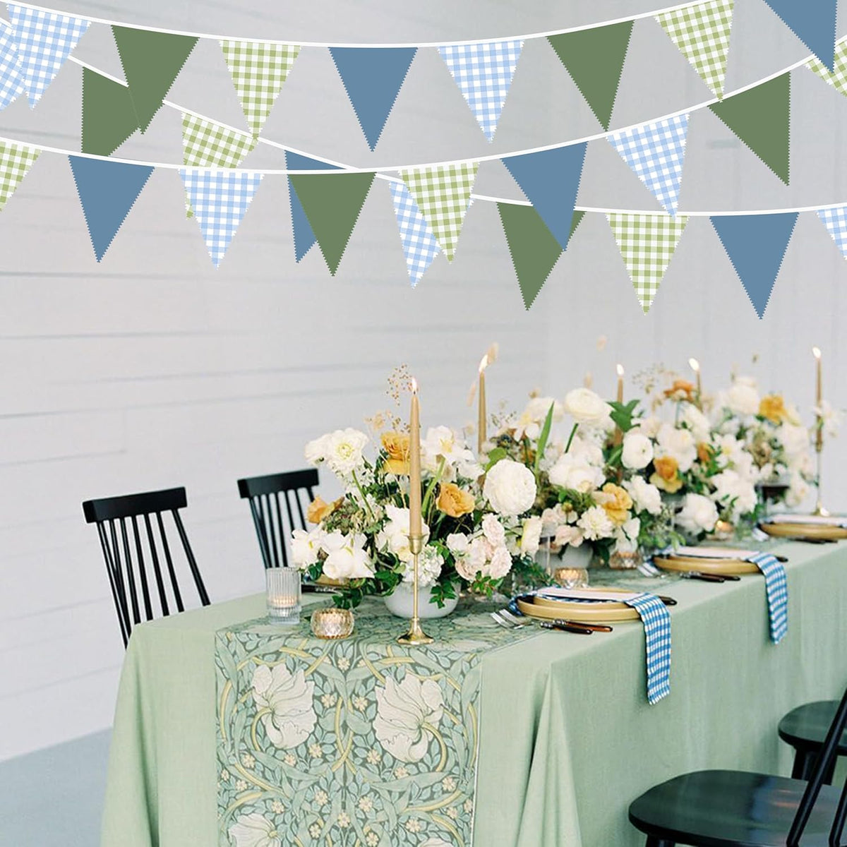 32Ft Blue Green Party Decorations Dusty Blue Sage Green Gingham Fabric Triangle Banner Flag Plaid