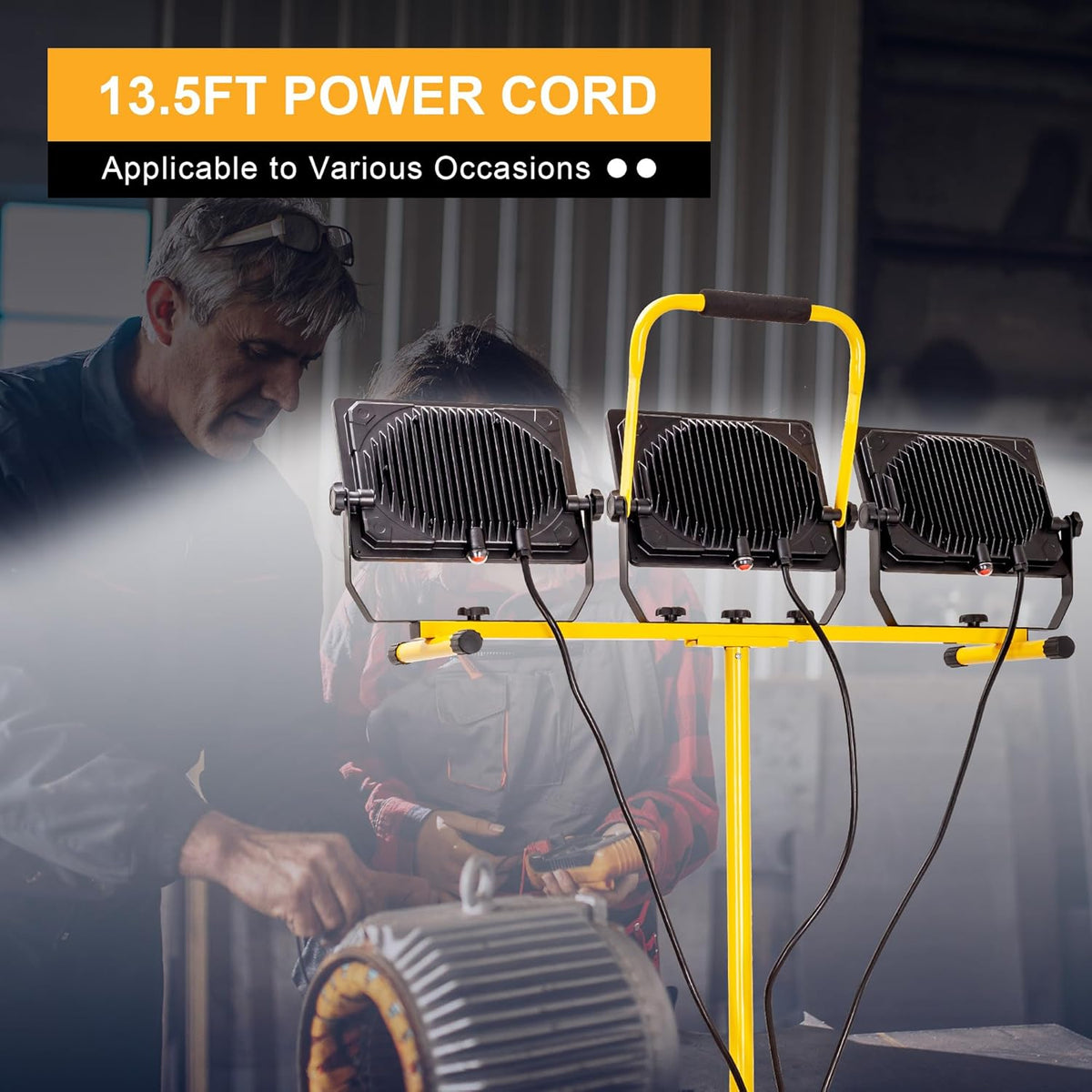 LED Worklights 60000Lumen, 3 Head 600W Work Light, Portable, with Stand, with 13.5FT Cord, IP66