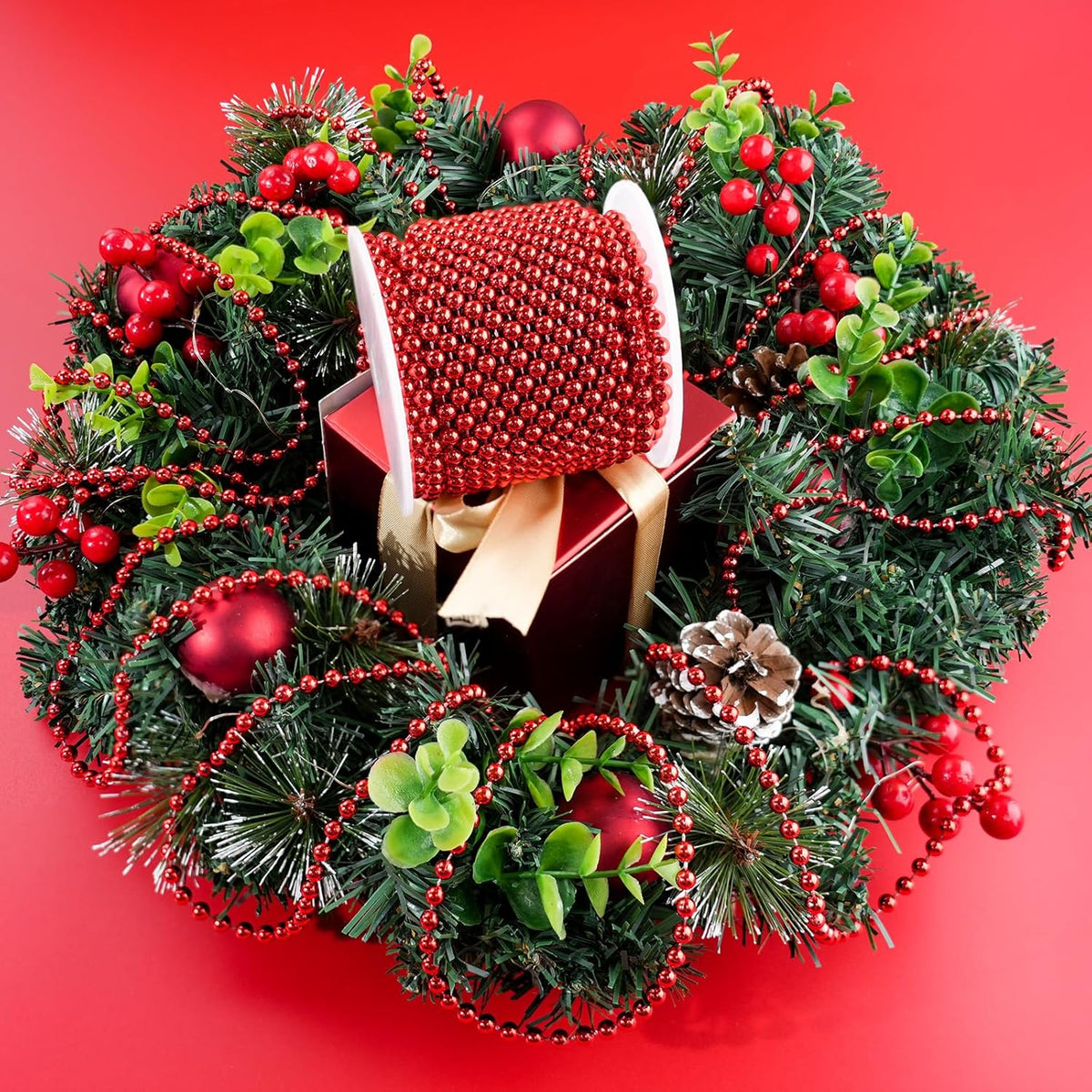 Faux Red Pearl Beads Garland - 6mm Christmas Tree Beads 22 Yards Red Pearl Strands Spool Pearl
