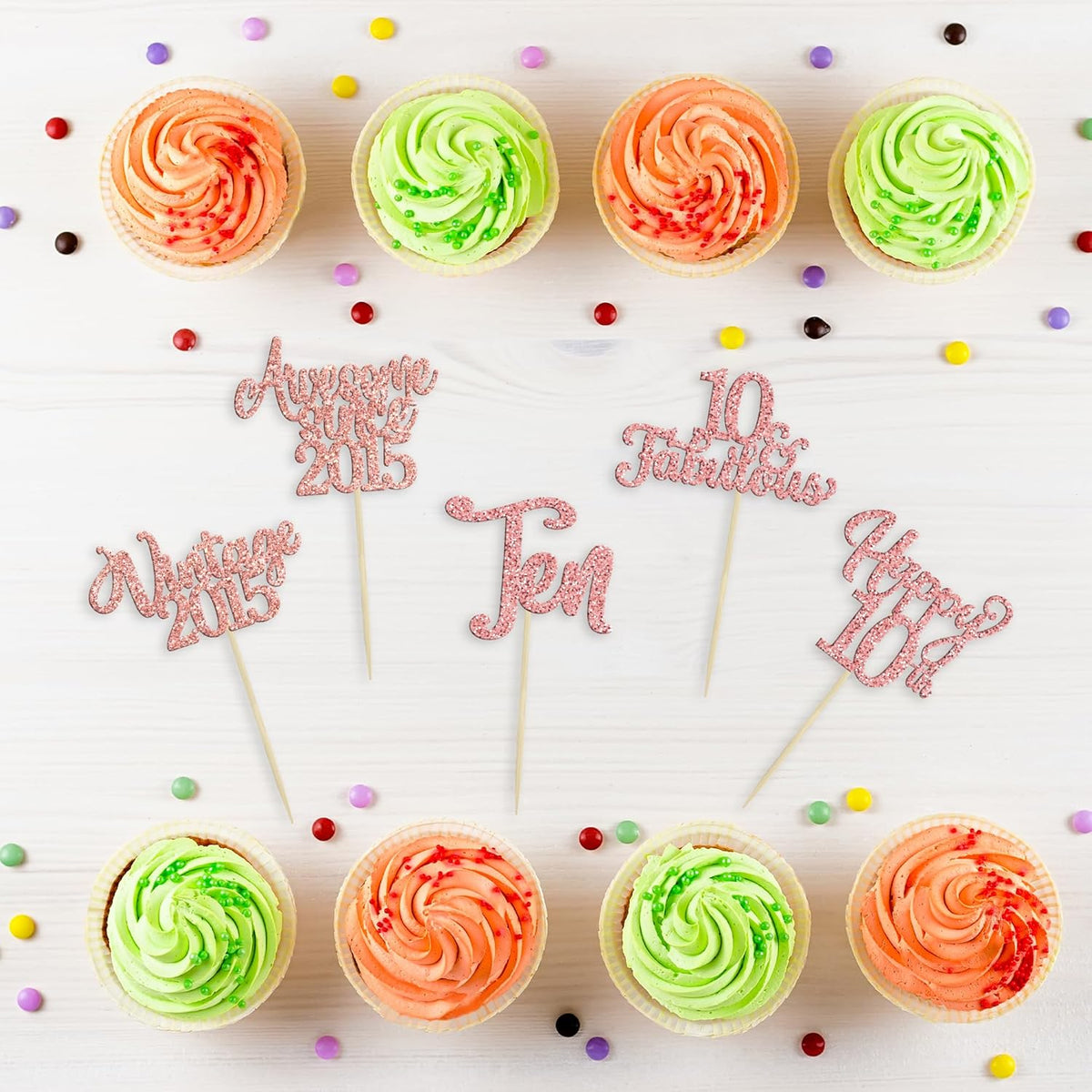 30Pcs Vintage 2015 Cupcake Toppers Glitter Ten 10 Fabulous Happy 10th Birthday Cupcake Picks Cheers