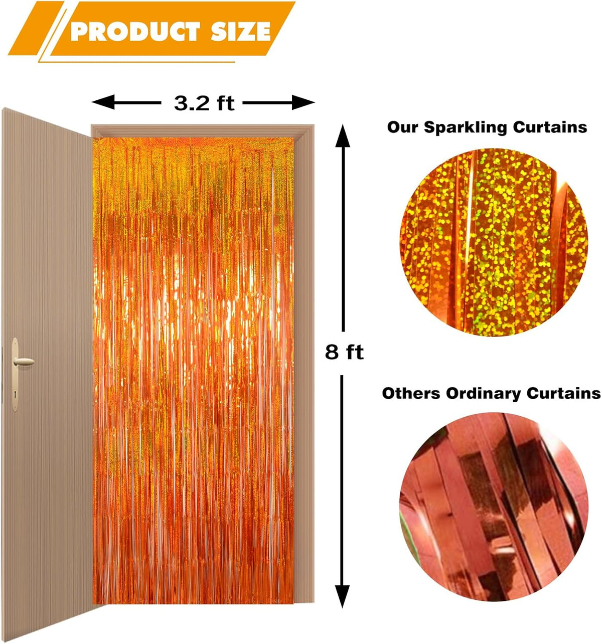Melsan Orange Tinsel Backdrop Curtains, 3.2ft x 8.2ft Sparkle Metallic Foil Fringe Curtain for