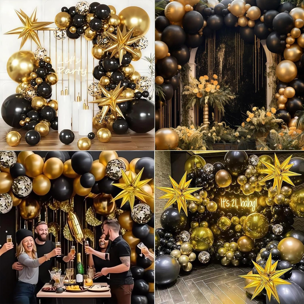 Balloon Column Kit for Floor- Balloon Stand kit set of 2, with Black&Gold Metallic Chrome balloon