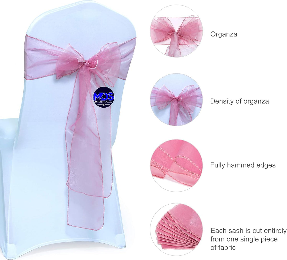 MDS Pack of 75 PCS Organza Chair Sashes Wider Dining Chair Bows Ribbon Tie Back for Wedding Party